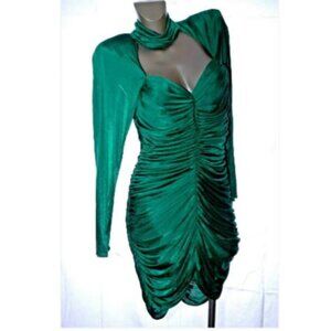 Vtg Cocoon Dress Draped Ruched Wiggle Bodycon Party Choker Emerald Green 80s S